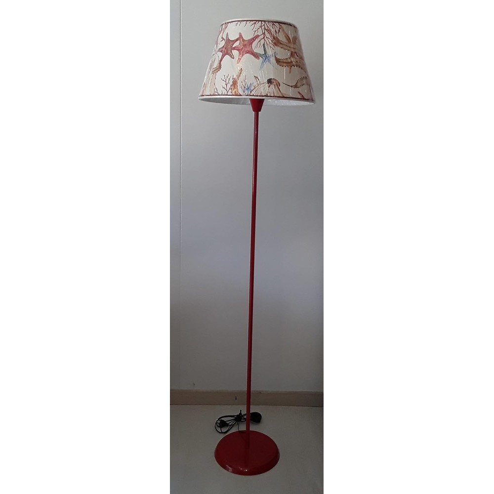 LAMPADA DA TERRA CON PARALUME IN TESSUTO ROSSO CORALLO CON TEMA MARE CM 163 H X 38 DIAM.