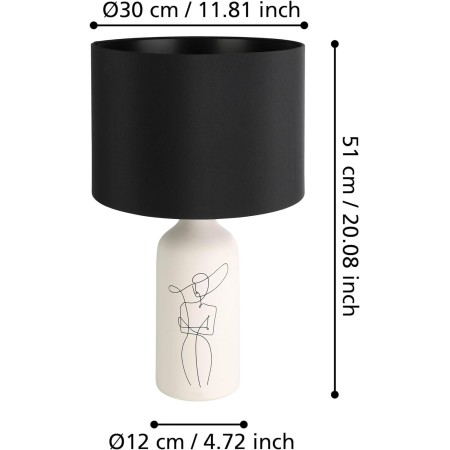 EGLO lampada da tavolo Vinoza, lampada da comodino con paralume, lampada deco in ceramica bianca con motivo e tessuto in nero