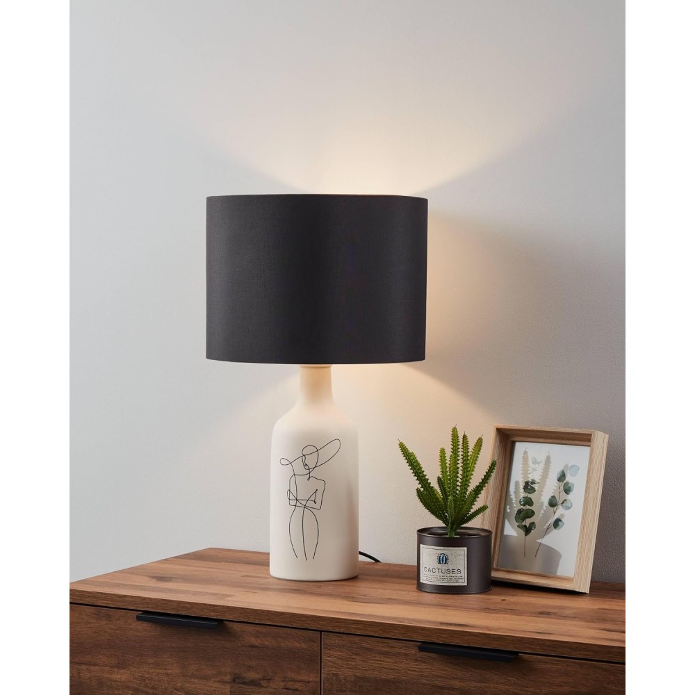 EGLO lampada da tavolo Vinoza, lampada da comodino con paralume, lampada deco in ceramica bianca con motivo e tessuto in nero