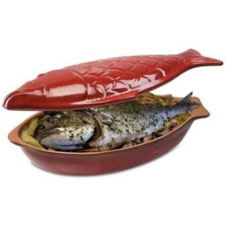 ARCUCCI CUOCIPESCE con Coperchio in Terracotta Fiamma Rosso CM 41X23X10