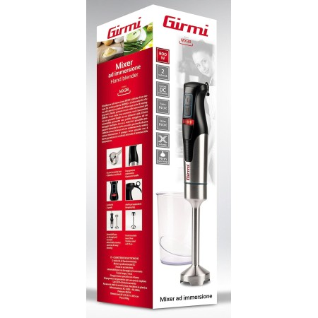 Girmi MX38 Mixer ad Immersione, 800 W, Motore DC, 2 velocità, 4 Lame Inox, Fusto Inox, Bicchiere incluso, Nero