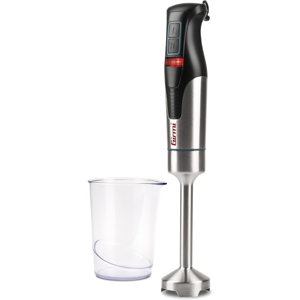 Girmi MX38 Mixer ad Immersione, 800 W, Motore DC, 2 velocità, 4 Lame Inox, Fusto Inox, Bicchiere incluso, Nero