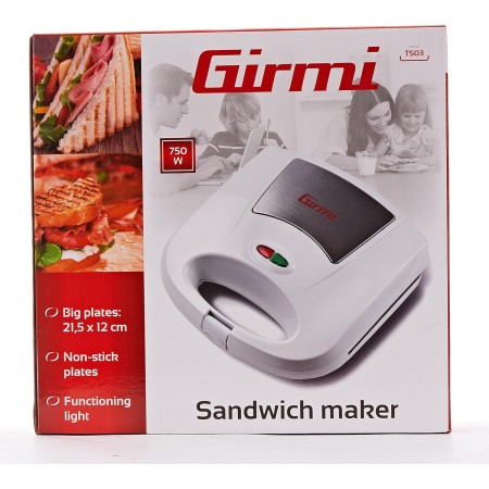 Girmi TS03 Tostiera, 750 W, Piastre Antiaderenti, Manico Termoresistente con Chiusura, Spia di Accensione e Temperatura, Bianco