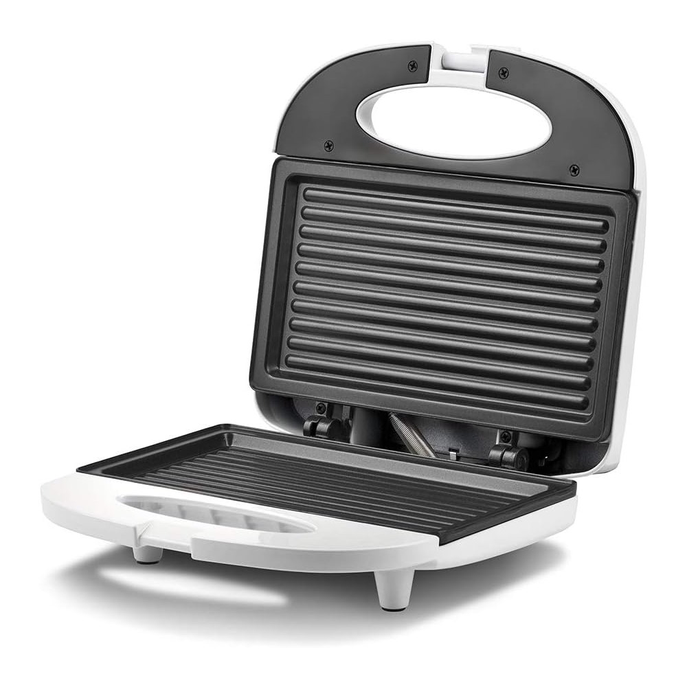 Girmi TS03 Tostiera, 750 W, Piastre Antiaderenti, Manico Termoresistente con Chiusura, Spia di Accensione e Temperatura, Bianco