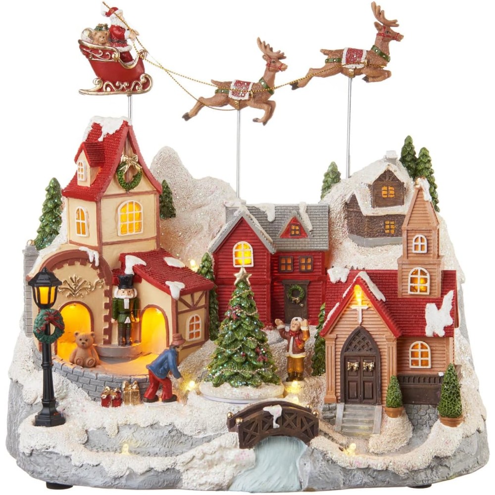 Villaggio con renne volanti ” Arrivano i doni” con led, movimento e musica- alimentazione 220v 30 x 19 x 28 h cm